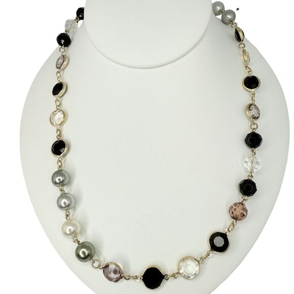 Vintage Black & White Rivoli Beaded Layering Necklace 60" Silver Tone - Picture 1 of 12